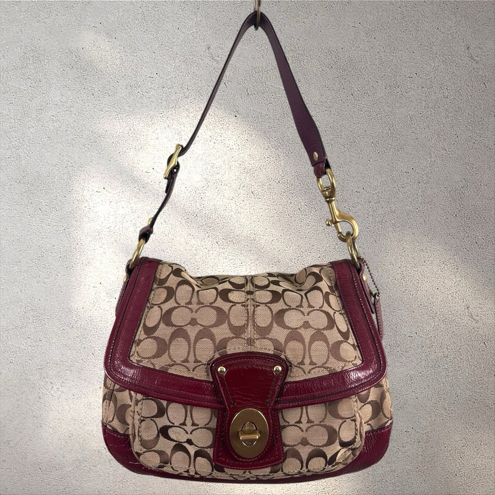 Vtg Coach Legacy/Ali Signature Flap Jacquard/Leather Shoulder Bag Red‎ F12857